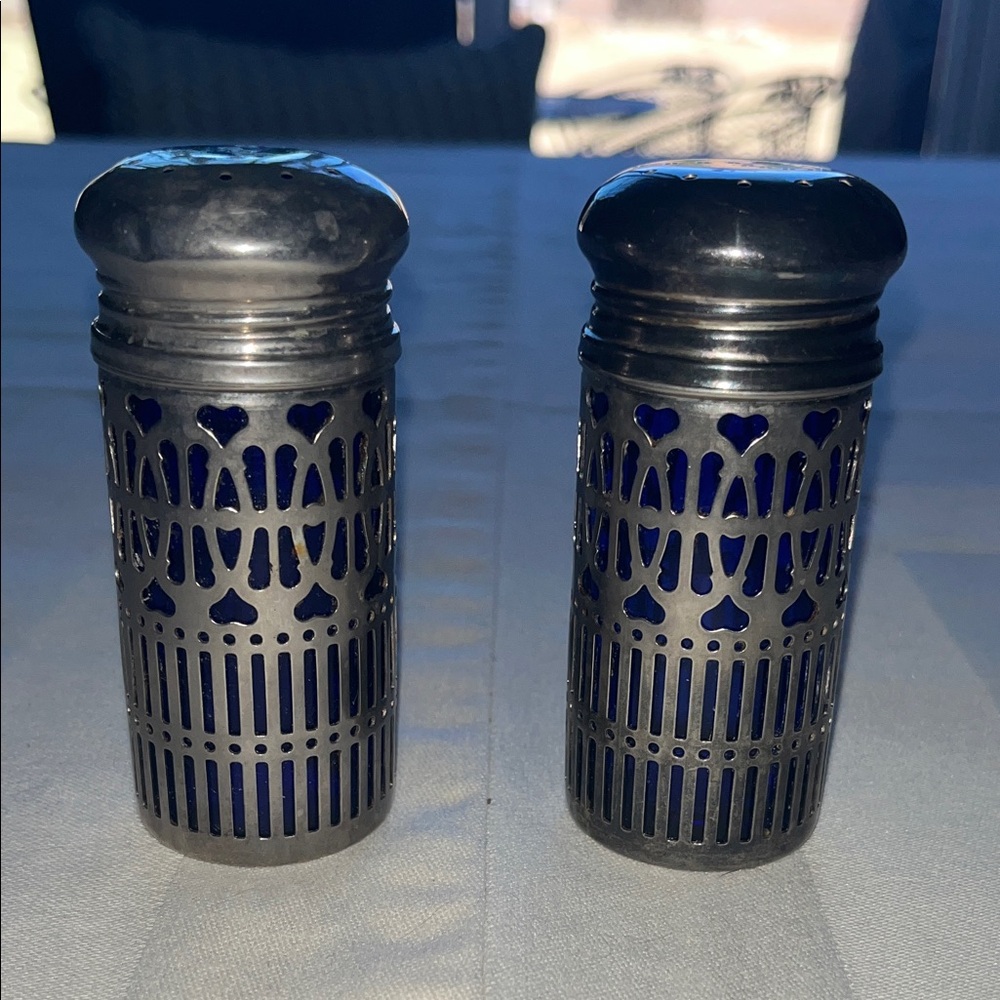 Vintage Cobalt Blue Glass Silver Plate Salt and Pepper Shakers